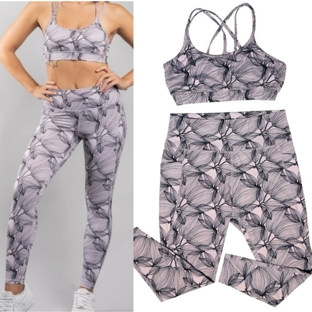 Women's Pink Floral-Print High-Waist Leggings & Strappy Sports Bra Set